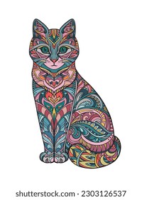 Colorful vector illustration of hand drawn ornate cat in graphic doodle stile.