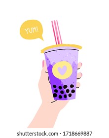 Colorful vector illustration of a hand holding a bubble tea cup. Boba tea, a sweet Taiwanese drink popular in Asia. Flat cartoon style, elements are isolated.