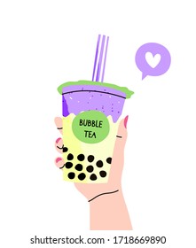 Colorful vector illustration of a hand holding a bubble tea cup. Boba tea, a sweet Taiwanese drink popular in Asia. Flat cartoon style, elements are isolated.