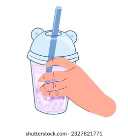 Colorful vector illustration hand holding a drink. Hand with bubble tea. popular Asian drink with milk, bubbles, juice, matcha. Cartoon style. Isolated fashion illustration of boba tea. Cute style