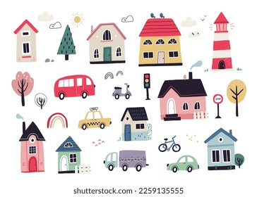 Colorful vector illustration, hand-drawn children simple set with cars, houses, trees in Scandinavian style on a white background. Children's set with cars. Transport. Road. City. Architecture.