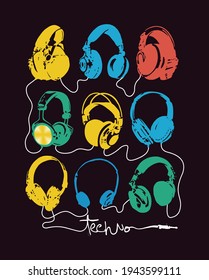 Colorful vector illustration, handmade of silhouettes of headphones. Art for print on t-shirts, posters and etc ...