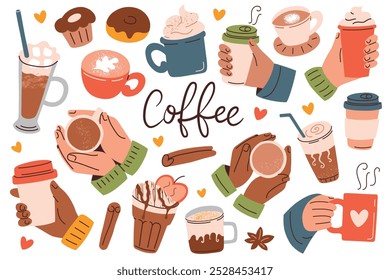 Colorful vector illustration of hands holding coffee cups in flat cartoon style. Mugs with hot drinks, takeaway cups, donuts, cozy details. Coffee lettering, cafe menu, cozy atmosphere designs