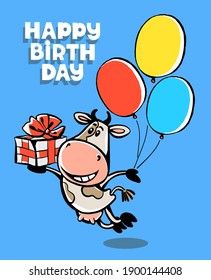 Colorful vector illustration. Happy Birthday. Cute funny happy cow flies on balloons with a gift. Congratulations lettering. Isolated object.