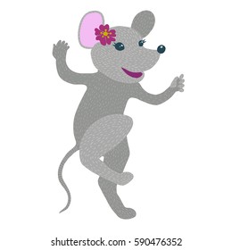 Colorful vector illustration of happy cheerful cute female anthropomorphic grey mouse wearing pink flower dancing. Isolated on white background. 
