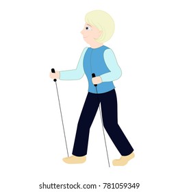 Colorful vector illustration with happy elderly woman - she is engaged in Nordic Walking. Active lifestyle of old people. Image in cartoon style, isolated on white background. Health care, sport life.