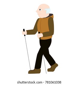 Colorful vector illustration with happy elderly man - he is engaged in Nordic Walking. Active lifestyle of old people. Image in cartoon style, isolated on white background. Health care, sport life.