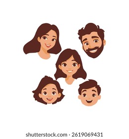Colorful vector illustration of a happy family portrait featuring smiling parents and two children. Perfect for family-themed designs, greeting cards, Father's Day, Mother's Day