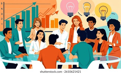 Colorful vector illustration of a happy group of young entrepreneurs in a startup meeting. The team includes women and men of diverse ethnicities—Black, Asian, White, and Latino—collaborating in a mod