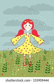 colorful vector illustration of happy little girl twirling around outdoors, in a rainy weather