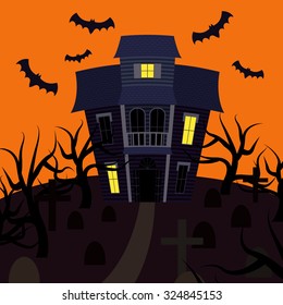 Colorful vector illustration with haunted house. Creepy landscape: ghost mansion, dead tree, tombstone, cross and bat. Horror scary icon cartoon set for Halloween night party invitation card design.