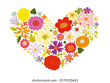 Colorful vector illustration of heart made of flowers and leaves in hand-drawn style. Cute design for web and printing for Valentine's Day, Birthday, Wedding, Mother's Day and March 8.