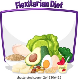 Colorful vector illustration highlighting diverse foods in a flexitarian diet. Features avocado, tofu, and vegetables with a clean composition