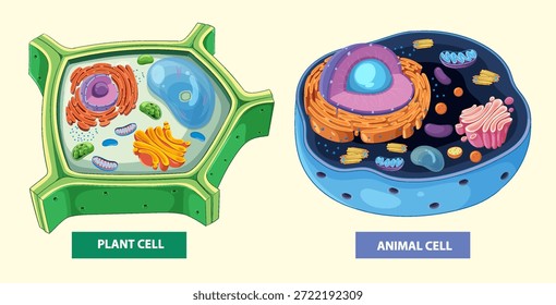 Ilustración vectorial colorida que destaca las diferencias estructurales entre las células vegetales y animales con orgánulos etiquetados