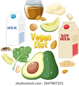 Ilustração vetorial colorida destacando grampos de dieta vegana como abacate, leite de soja e nozes com um estilo limpo e moderno