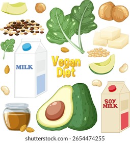 Colorful vector illustration highlighting vegan diet essentials with avocados, soy milk, and leafy greens in a playful style