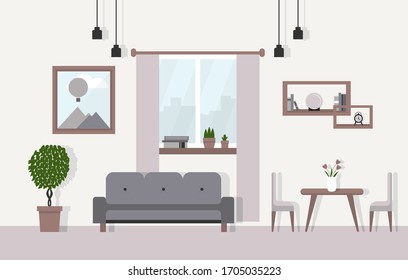 Colorful vector illustration of home interior with sofa, flowers, books, table with chairs and picture. Can be used in interior magazine or in web.