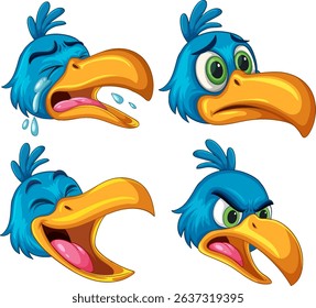 Colorful vector illustration of a hornbill showcasing various emotions. Features vibrant colors and playful cartoon style