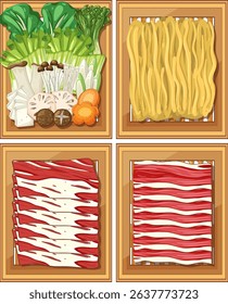 Colorful vector illustration of hot pot ingredients including vegetables, noodles, and meats in a grid layout