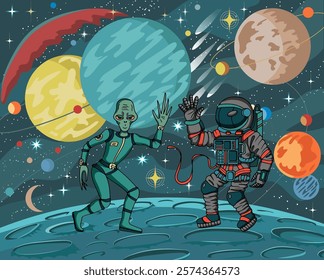 Colorful vector illustration of human spaceman in spacesuit and friendly alien against retro future space universe with planets and stars, science fiction concept