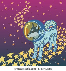 Colorful vector illustration of husky dog character in light blue space suit standing on starry path in purple outer space