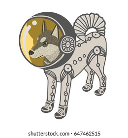 Colorful vector illustration of husky dog character in space suit standing. Isometric projection. Isolated on white background.