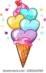 Colorful vector illustration of an ice cream cone made of heart-shaped scoops in pastel shades of blue, yellow, and purple. The top is decorated with pink whipped cream and a small red heart