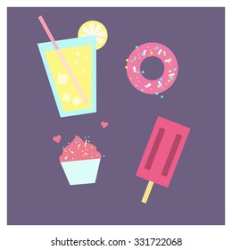 Colorful vector illustration of ice cream, lemonade, cupcake and donut on purple background