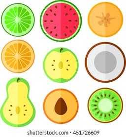 Colorful Vector Illustration / Icon Collection / Set Of Fruit Slices In Cartoon Flat Style. Perfect For Wallpaper, Wrapping Paper, Book Cover Design