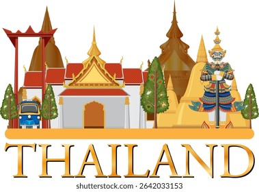 Colorful vector illustration of iconic Thai landmarks, featuring traditional architecture and cultural elements in a vibrant composition