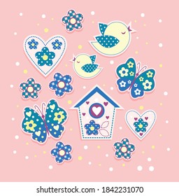 Colorful vector illustration of imaginary representation of birds, butterfly, flowers and birdhouse in graphic, childish style.