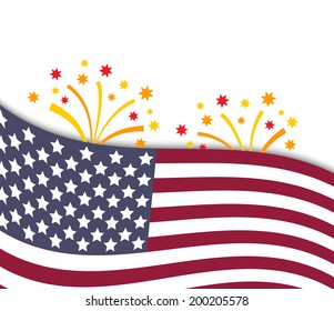 Colorful vector illustration of independence day USA with national flag and fireworks, holiday card by July 4