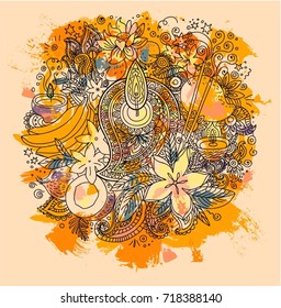 Colorful vector illustration in indian art style. Poster or banner for indian festival.