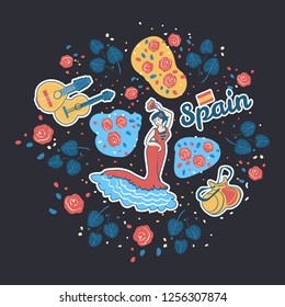 Colorful vector illustration inspired Spanish musical culture. Clipart with flamenco dancer  and music instruments such as guitar, bandurria and castanets. Isolated concept 