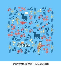 Colorful vector illustration inspired Spanish corrida. Clipart with motador and bull surrounded by flowers. Isolated concept on blue background.