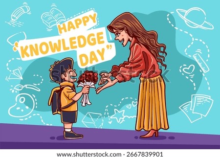 Colorful vector illustration for International Knowledge Day and Back to School event. A cheerful student giving a bouquet of flowers to his teacher as a symbol of respect and gratitude