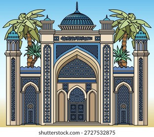 Colorful vector illustration of an Islamic palace or mosque with arches, domes, minarets, and palm trees. Funny ornamental architecture for travel, culture, and branding use. Hand drawn, not AI