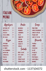 Colorful vector illustration, Italian menu on textured wood background. Italian food: pasta, desserts. For restaurant brochure, cafe flyer, delivery pizzeria food. Template with realistic pizza.