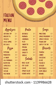 Colorful vector illustration, Italian menu on textured wood background. Italian food: pasta, desserts. For restaurant brochure, cafe flyer, delivery pizzeria food. Template with realistic pizza.