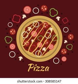 Colorful vector illustration with Italian pizza and ingredients. Flat icon set of products for cooking: tomatoes, pepper, cheese, onion, mushrooms, olives, salami. Food elements for menu design.