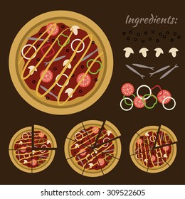 Colorful vector illustration with Italian pizza and ingredients. Flat icon set of products for cooking: tomatoes, pepper, cheese, onion, mushrooms, olives, anchovies. Food elements for menu design.