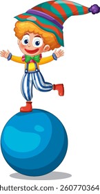 Colorful vector illustration of a joyful clown balancing on a large blue ball, showcasing vibrant colors and playful composition