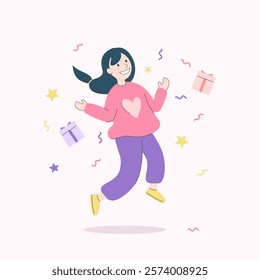 Colorful Vector Illustration Of A Joyful Woman Jumping And Celebrating With Confetti And Gifts. Perfect For Parties, Congratulations, Birthdays, And Festive Events. Minimalist Design.