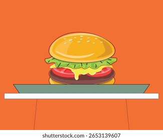 Uma ilustração vetorial colorida de um cheeseburger suculento com alface, tomate e queijo derretido, servido em uma bandeja com um fundo laranja. Perfeito para uso em menus, aplicativos de entrega de alimentos, sutiã de restaurante