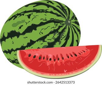 Ilustração vetorial colorida de uma fatia de melancia suculenta com sementes. Ideal para temas de verão, embalagens de alimentos, rótulos de suco e projetos de estilo de vida saudável. EPS totalmente editável e de alta qualidade.