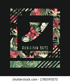 Colorful vector illustration of keel and geometric shapes, with floral in the background and allusion to surf and Hawaii.