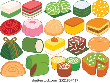 Ilustração vetorial colorida de kuih, destacando os tradicionais lanches malaios e do sudeste asiático com detalhes intrincados e cores vibrantes. 