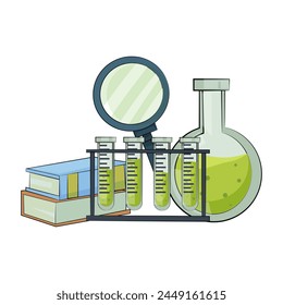 A colorful vector illustration of lab equipment including test tubes, magnifying glass, and books, isolated on a white background, depicting a science concept. Vector illustration