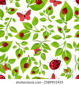 Colorful vector illustration of ladybugs and butterflies on green foliage showcasing nature s beauty and vibrancy in a seamless pattern