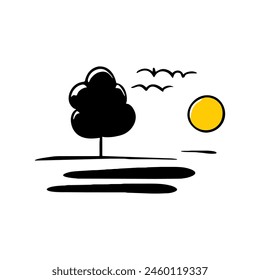 Colorful vector illustration of a landscape with a tree, birds, and sun in yellow and black, symbolizing a vibrant ecosystem